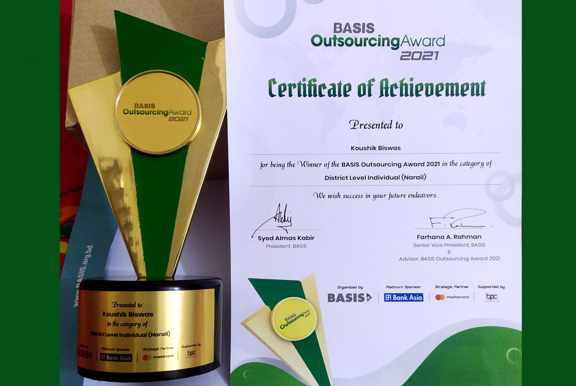 BASIS Award & Certificate of Achievement